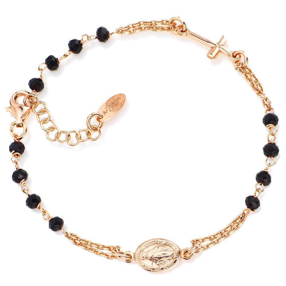 Amen Bracelet In Rose Plated 925 Sterling Silver With Black Crystals Rosary Collection