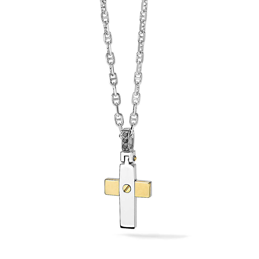 Collana Comete Gioielli Uomo in Argento 925 con Croce in Oro Bianco e  Giallo con Diamanti Neri Collezione Faith